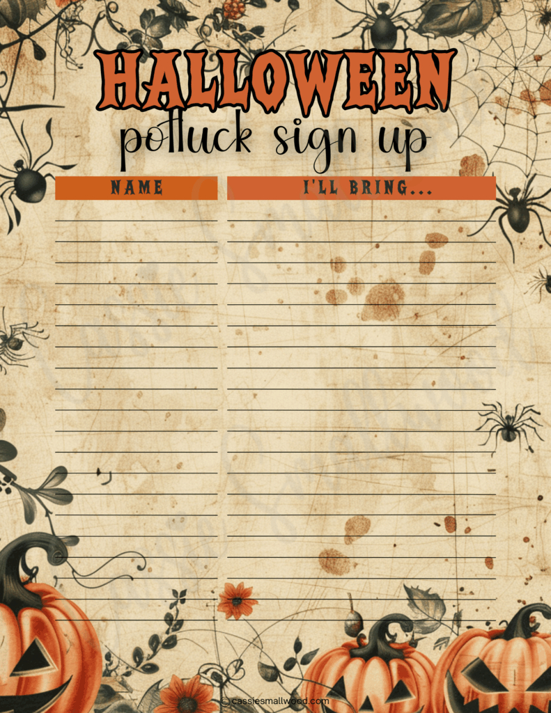 12 Cute Halloween Potluck Sign Up Sheets - Cassie Smallwood with regard to Halloween Potluck Sign Up Sheet Printable