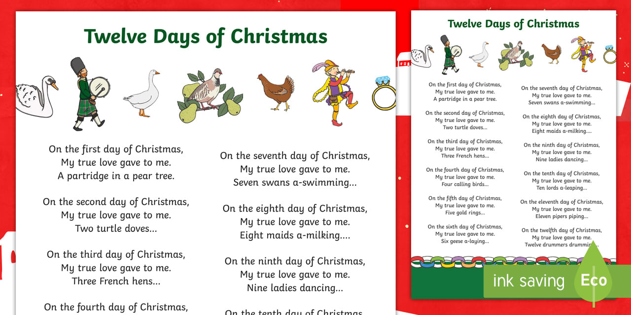 12 Days Of Christmas Printable Song Lyrics - Events - Twinkl intended for Christmas Carols Lyrics Sheets Printable