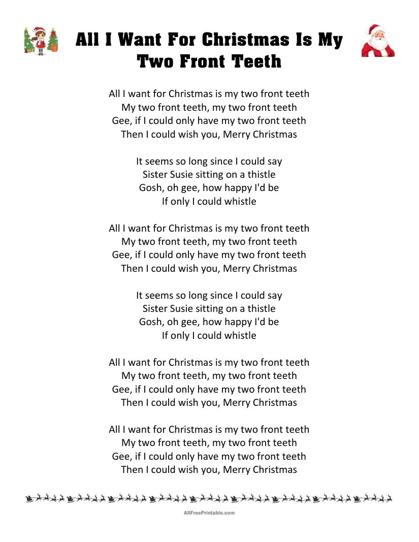 All I Want For Christmas Is My Two Front Teeth Lyrics – Free Printable regarding All I Want for Christmas Is My Two Front Teeth Lyrics Printable
