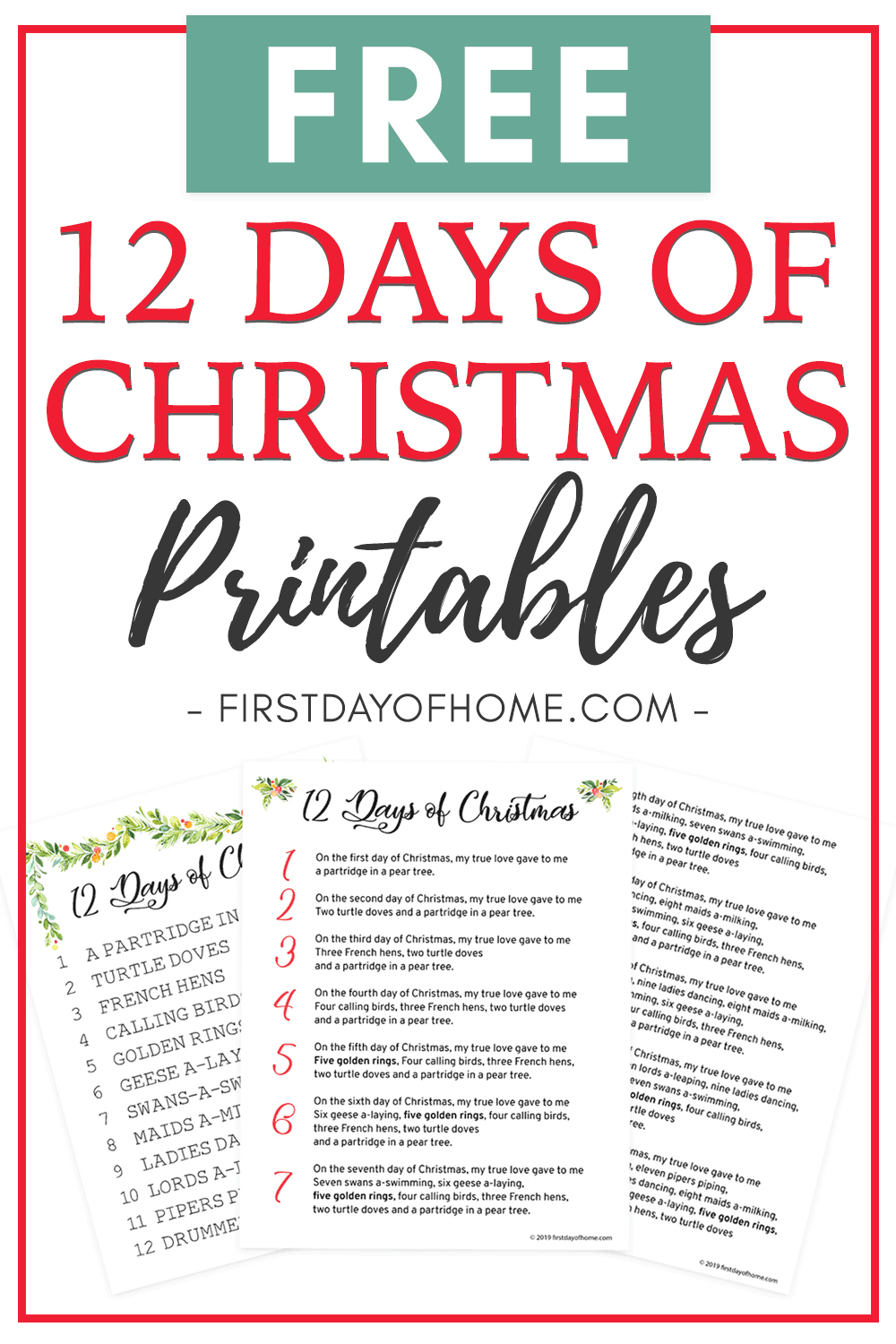 Beautiful 12 Days Of Christmas Lyrics Printable [Free Download] throughout 12 Days of Christmas Lyrics Printable