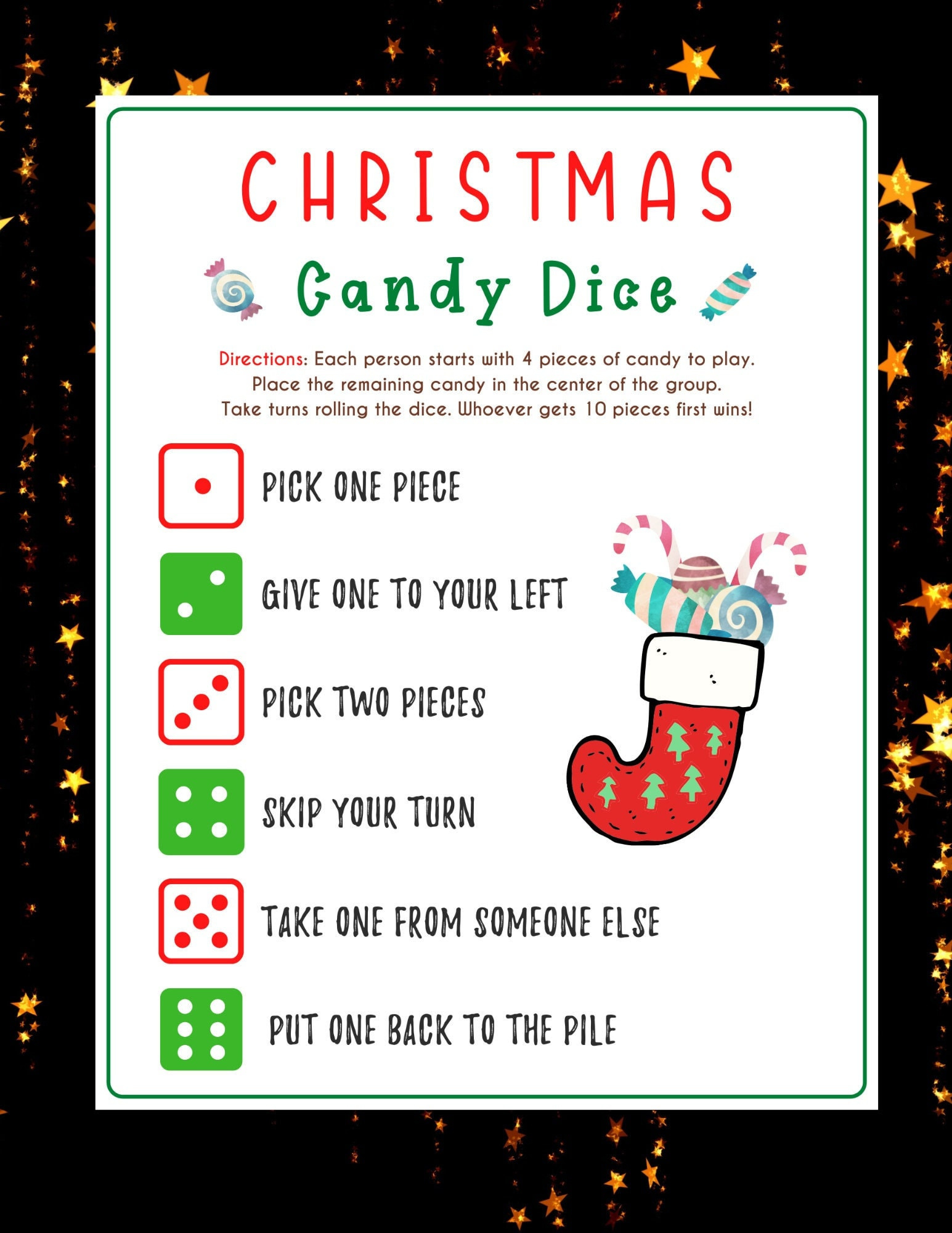 Christmas Candy Dice Game, Holiday Party Game, Christmas Printable throughout Printable Christmas Candy Dice Game