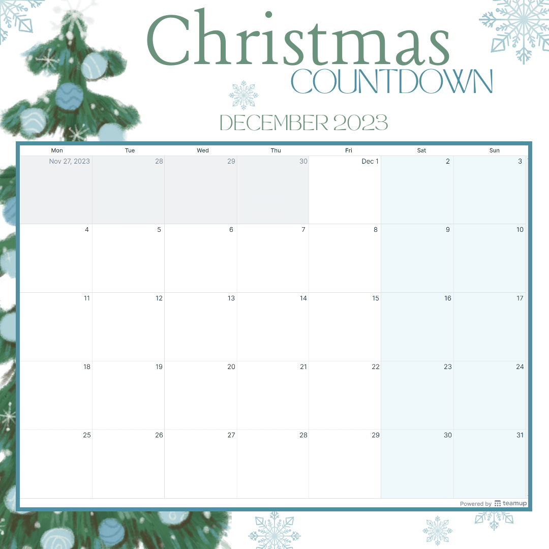 Christmas Countdown Calendar Templates - Teamup regarding Christmas Countdown Calendar Printable