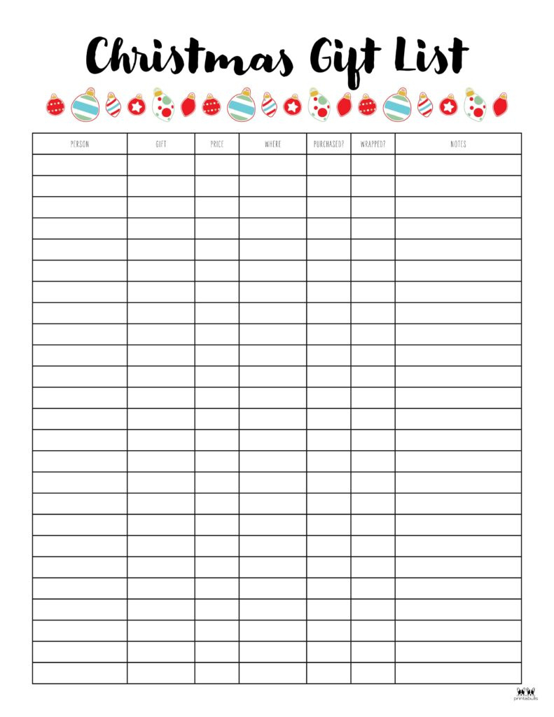 Christmas Gift List Templates - 20 Free Pages | Printabulls pertaining to Printable Christmas Shopping List