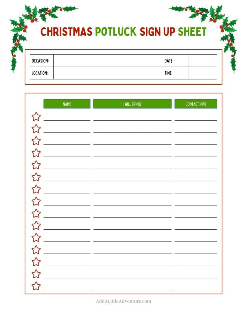 Christmas Potluck Sign-Up Sheets (Free Printables) with Christmas Potluck Sign Up Sheet Printable