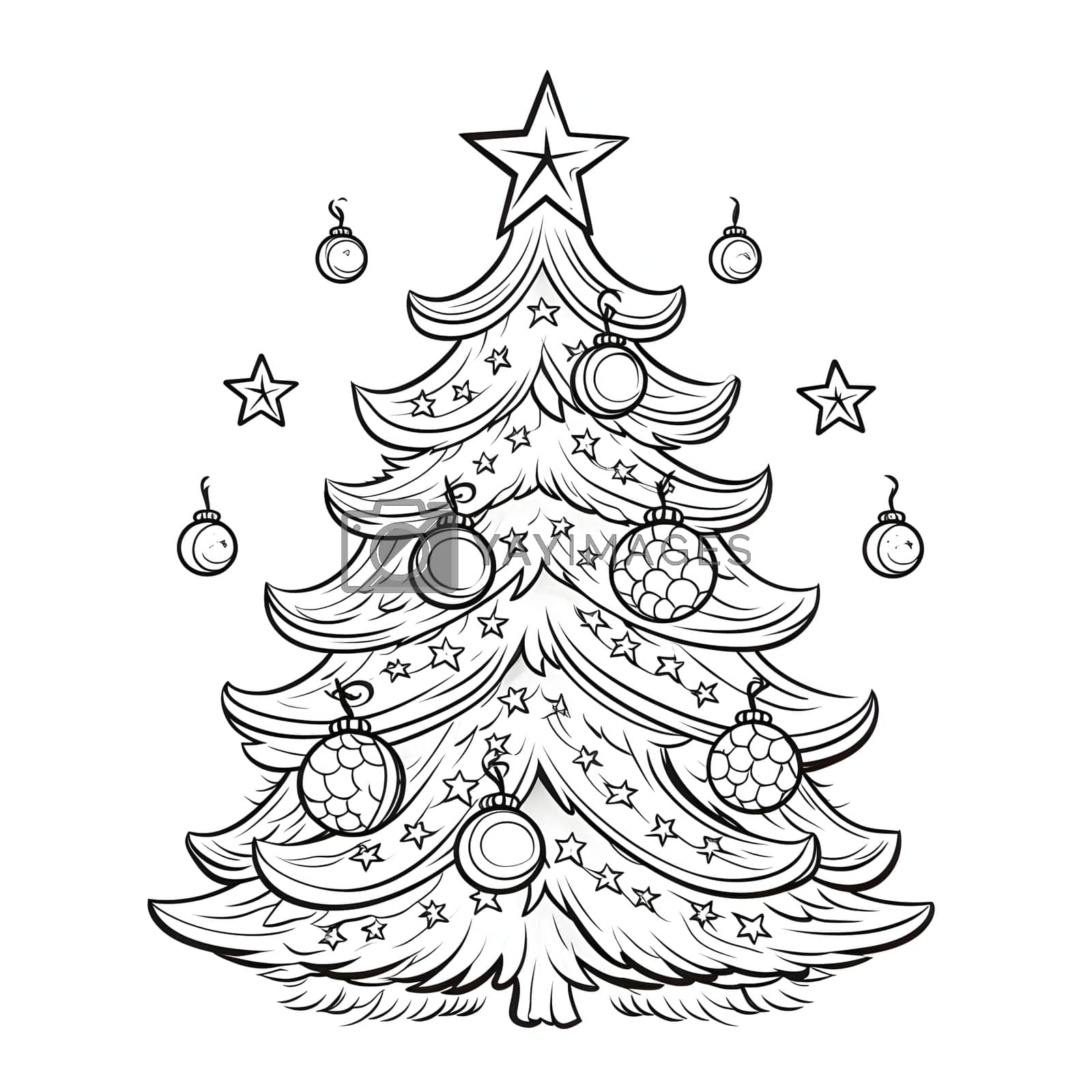 Christmas Tree With Star And Baubles. Black And White Coloring inside Christmas Tree With Star Coloring Page Printable