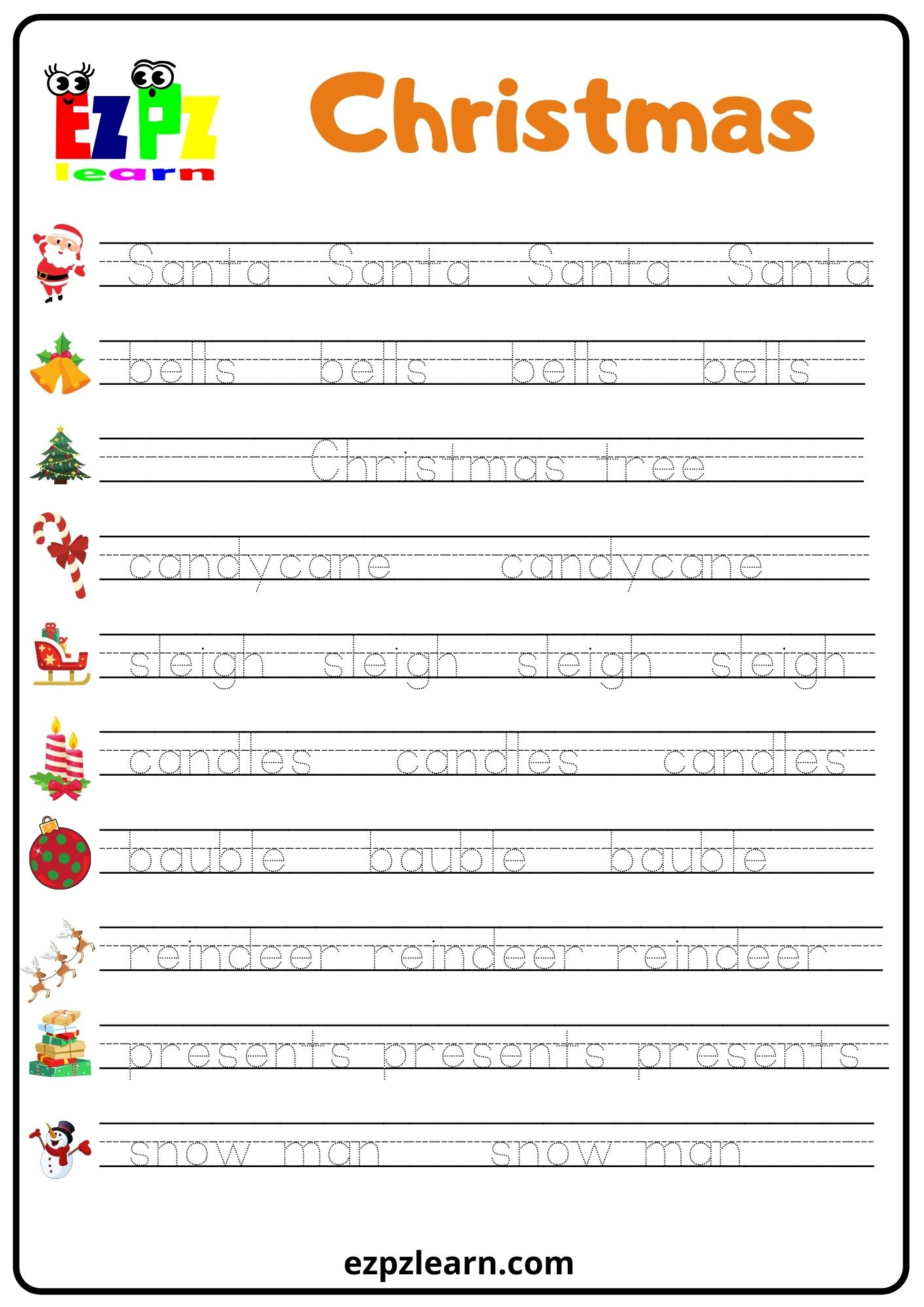 Christmas Word Tracing Worksheet - Ezpzlearn with regard to Christmas Presents Tracing Worksheet Printable