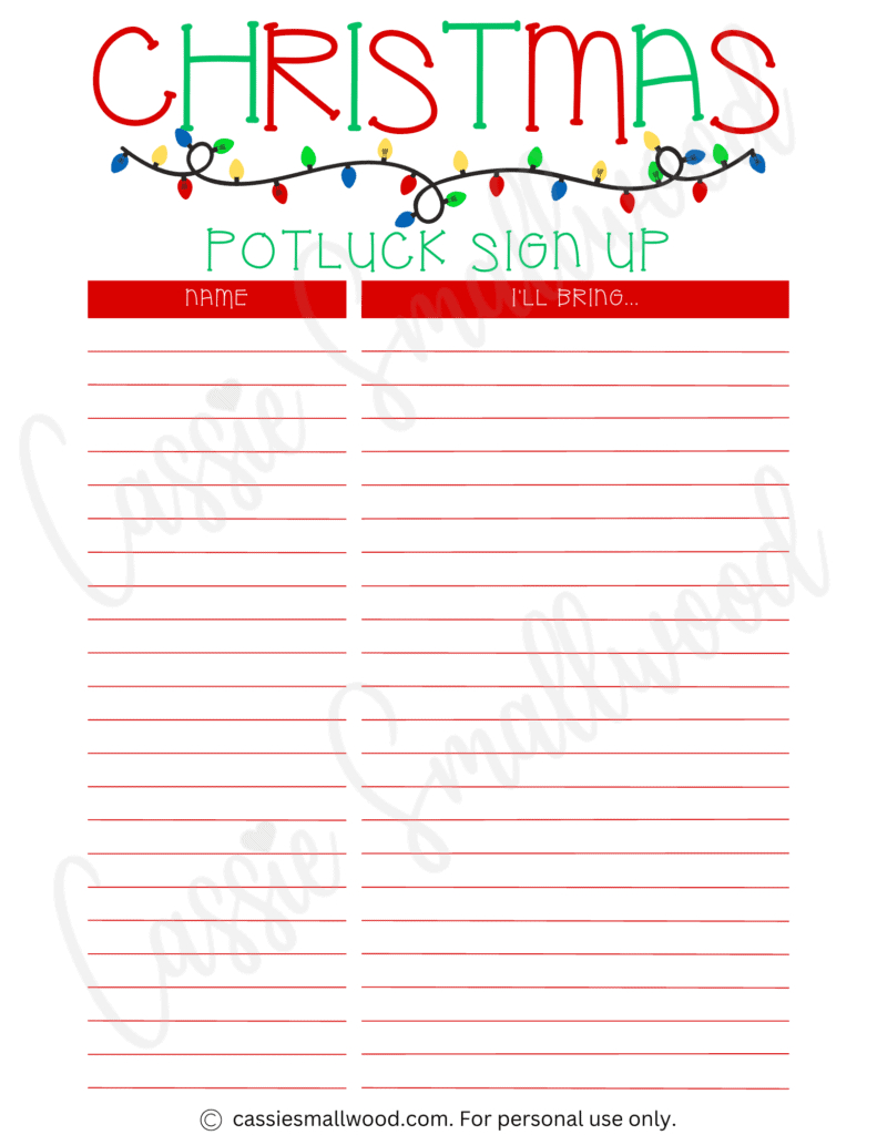 Cute Christmas Potluck Sign Up Sheets - Cassie Smallwood throughout Christmas Party Sign Up Sheet Printable