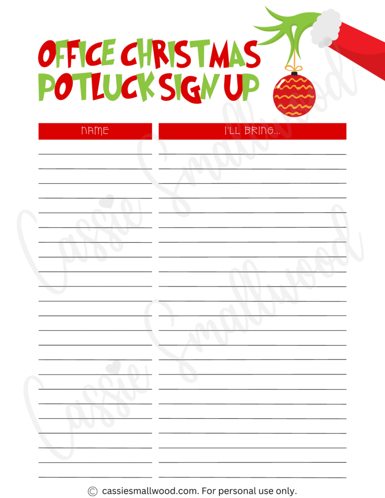 Cute Christmas Potluck Sign Up Sheets - Cassie Smallwood with Christmas Potluck Sign Up Sheet Printable