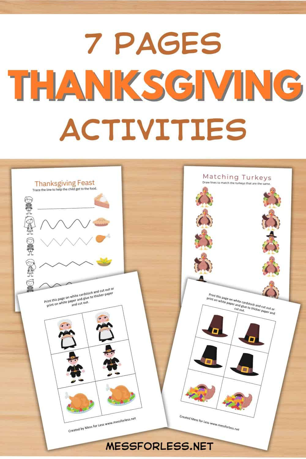 Free Kindergarten Worksheets For Thanksgiving - Mess For Less within Thanksgiving Matching Worksheet Printable