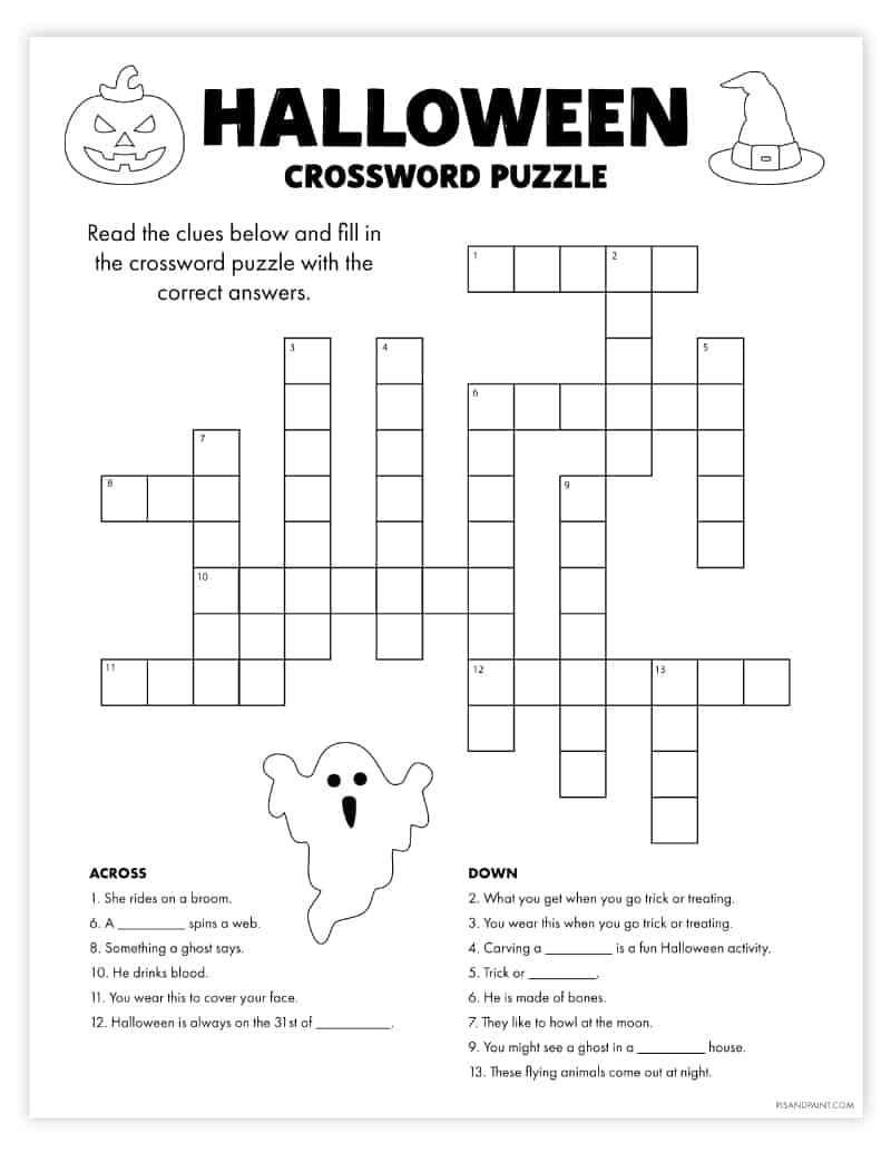 Free Printable Halloween Crossword Puzzle - Pjs And Paint in Halloween Crossword Puzzle Printable