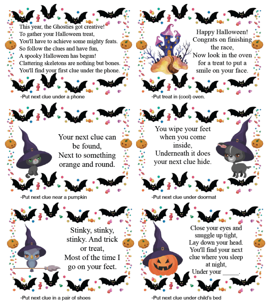 Free Printable Halloween Treasure Hunt: 24 Clues Plus Blanks regarding Printable Halloween Scavenger Hunt