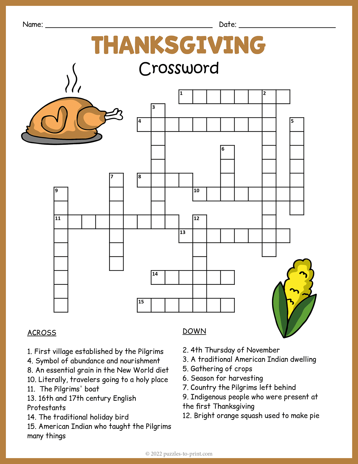 Free Printable Thanksgiving Crossword inside Thanksgiving Crossword Printable