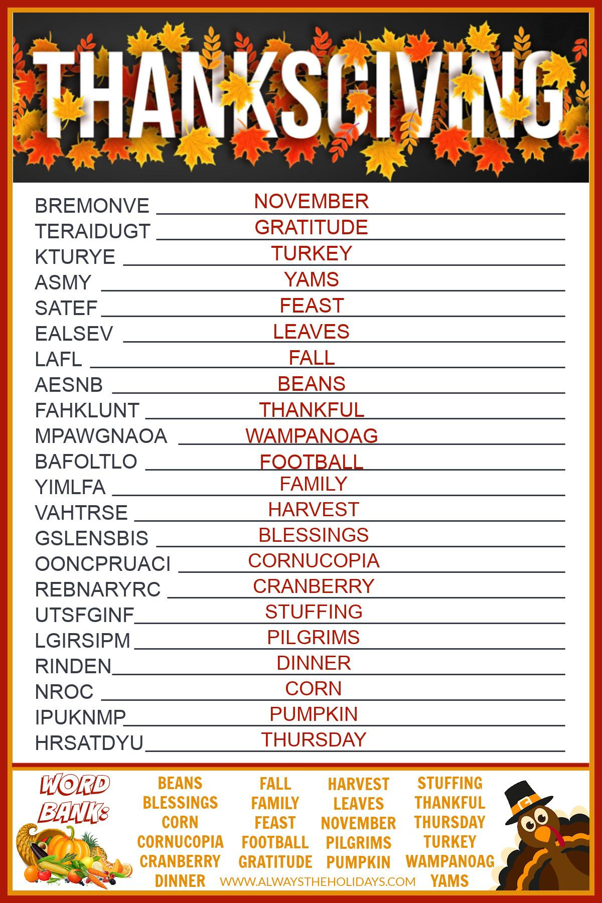 Get A Free Printable Thanksgiving Word Scramble With Answers within Thanksgiving Word Scramble Printable