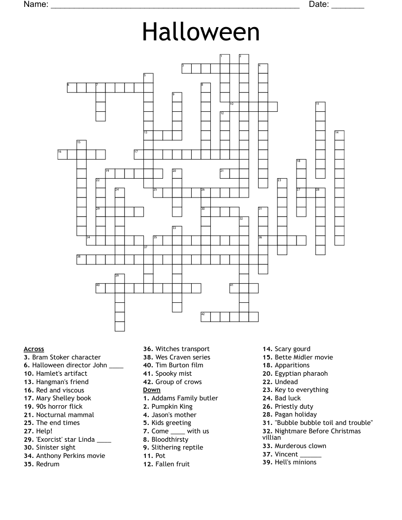 Halloween Crossword/Ma Recognition Week - Wordmint within The Nightmare Before Christmas Crossword Printable