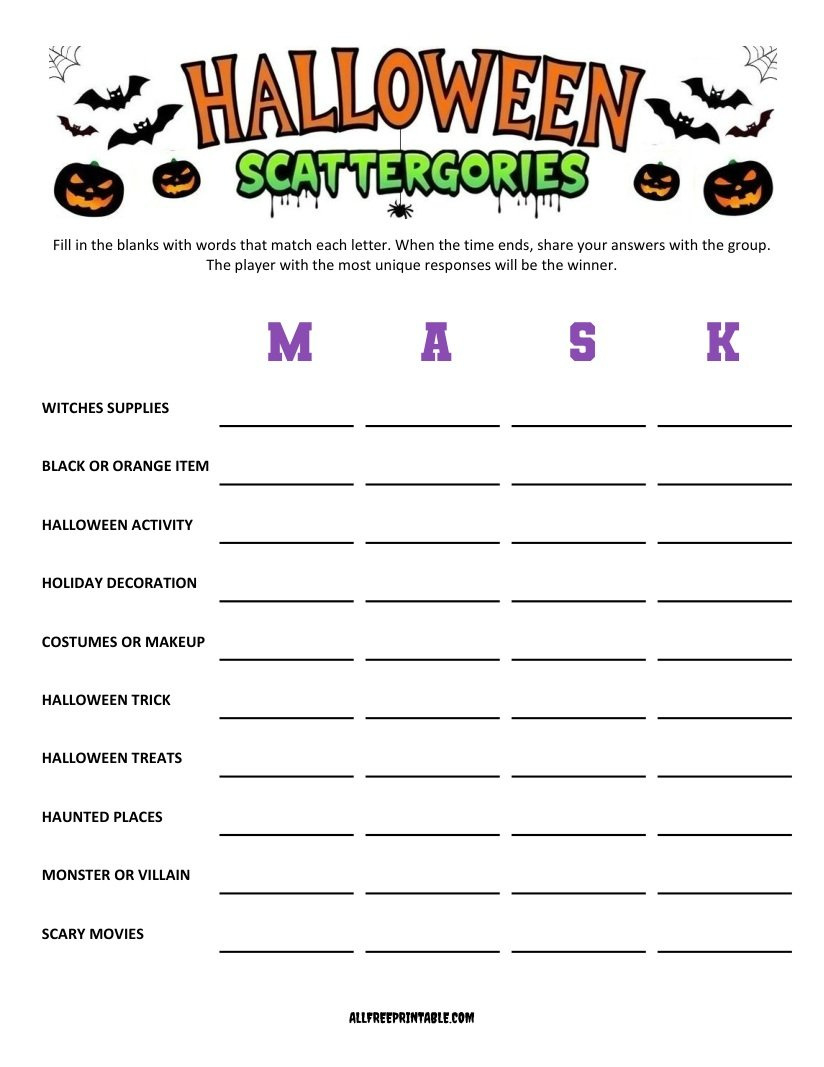 Halloween Scattergories – Free Printable for Printable Halloween Scattergories Tomb