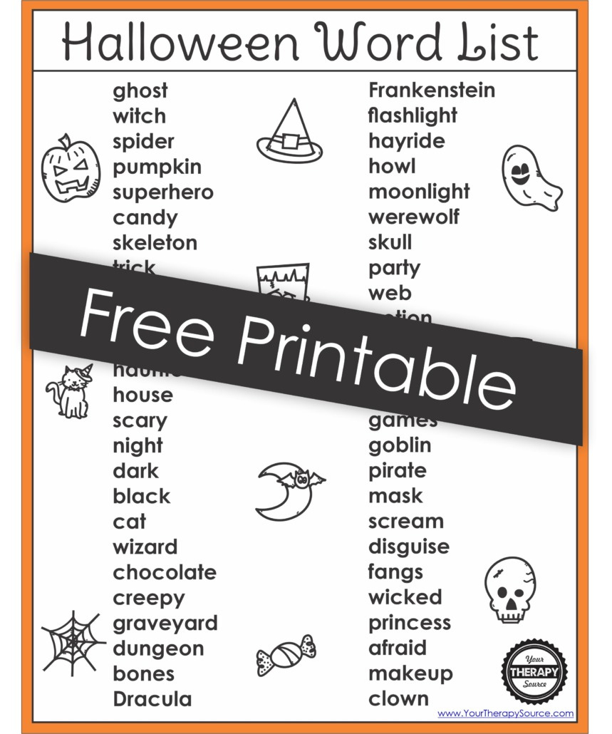 Halloween Word List Printable Free Pdf - Your Therapy Source pertaining to Printable Halloween Words ABC Order