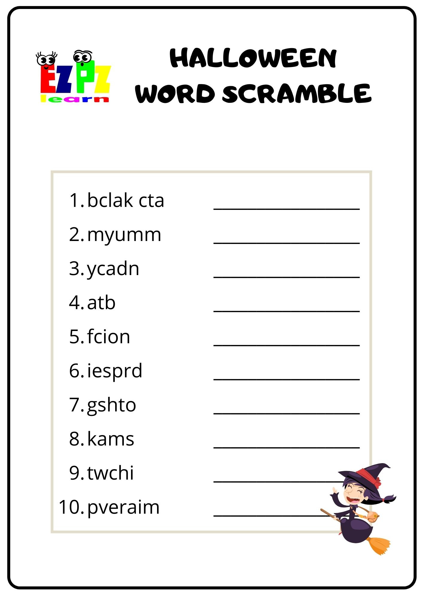 Halloween Word Scramble - Ezpzlearn in Halloween Word Jumble Printable