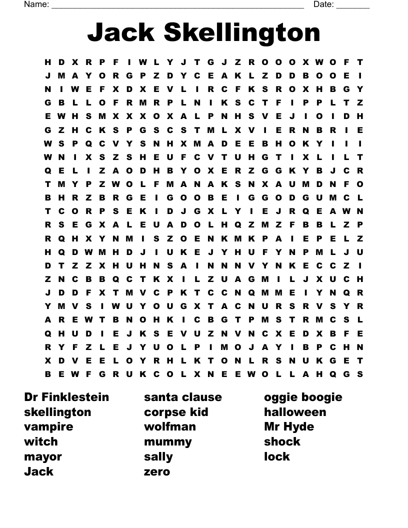 Jack Skellington Word Search - Wordmint with Printable The Nightmare Before Christmas Word Jumble