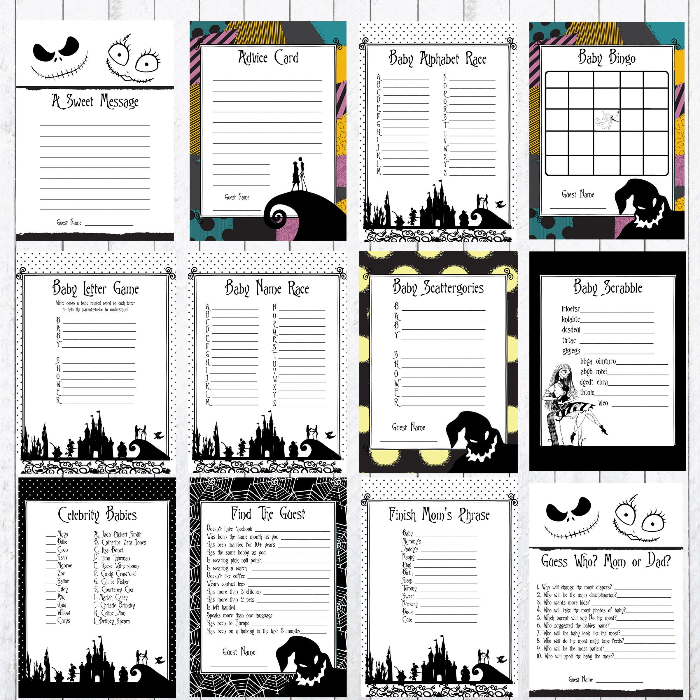 Nightmare Before Christmas Baby Shower Games. 8X 10 Signs, Instant intended for Printable The Nightmare Before Christmas Charades Game