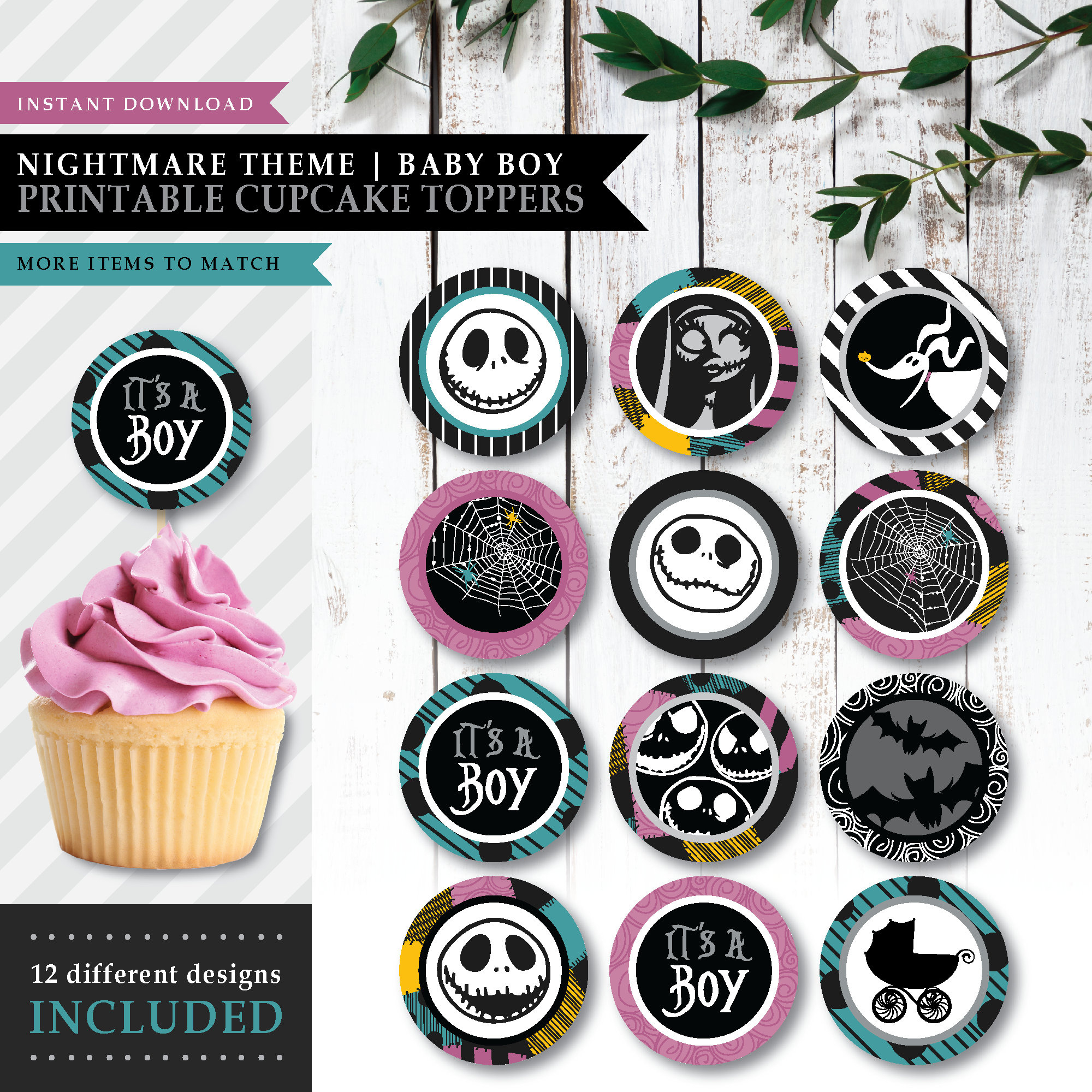 Nightmare *Skellington Love* Printable Cupcake Toppers | Dessert intended for Printable The Nightmare Before Christmas Cupcake Toppers