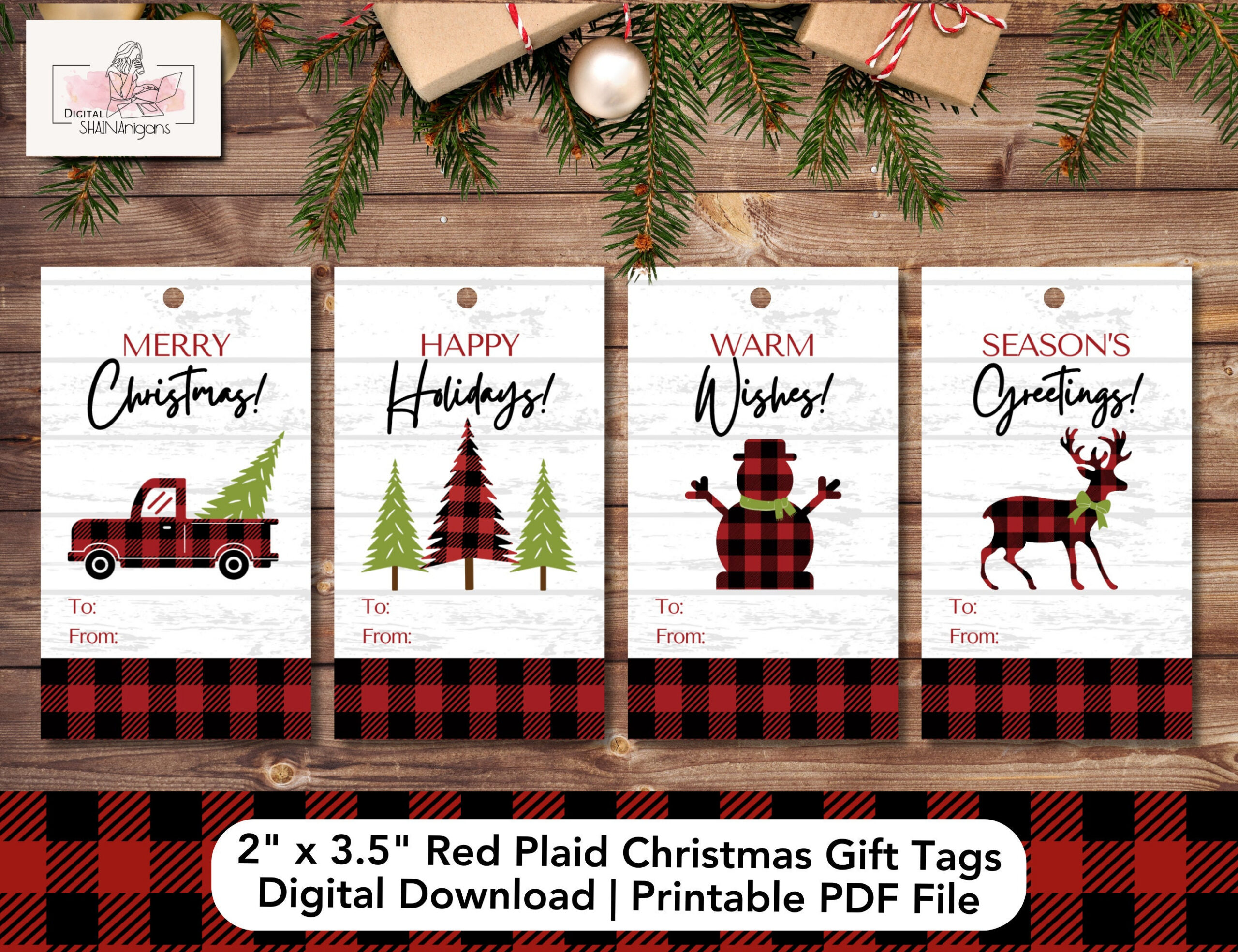 Red Plaid Christmas Gift Tags, Buffalo Plaid Christmas Gift Tags with Printable Plaid Pattern Trees Merry Christmas Sign
