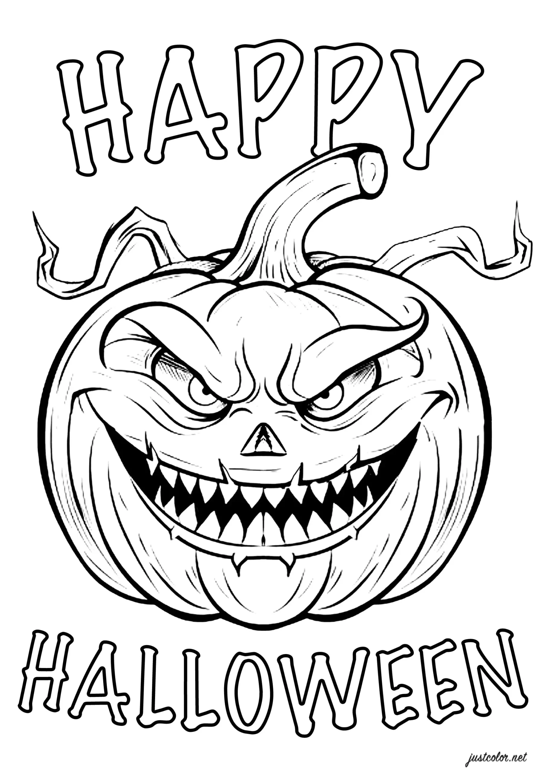 Scary Pumpkin With Text - Halloween Coloring Pages For Kids throughout Happy Halloween Coloring Page Printable
