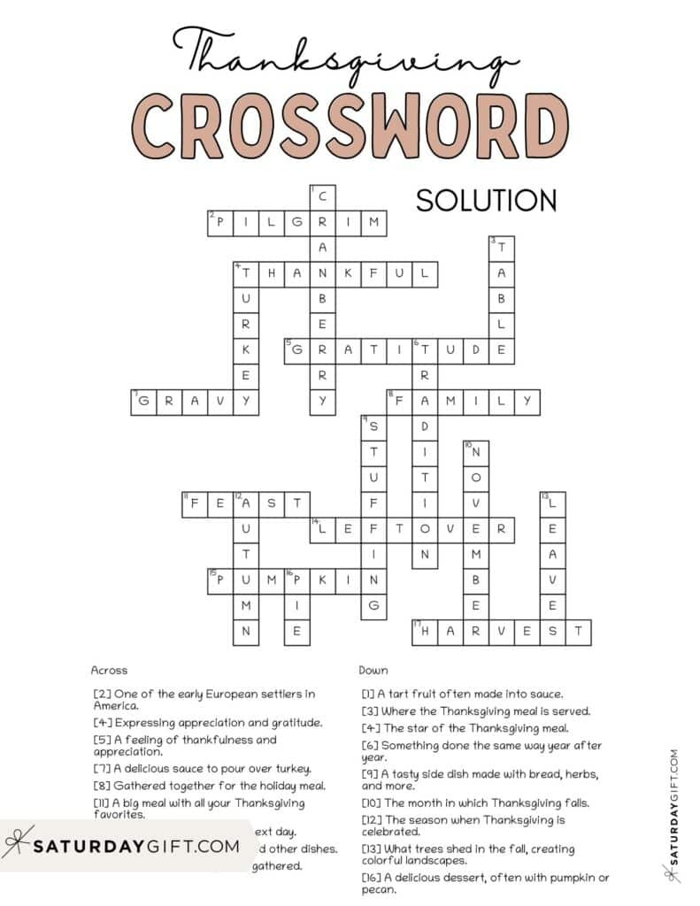 Thanksgiving Crossword Puzzle - Cute & Free Printable | Saturdaygift inside Thanksgiving Crossword Printable