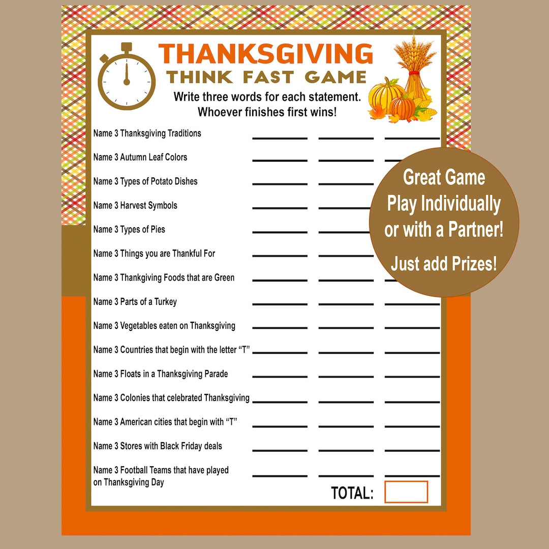 Thanksgiving Trivia Game, Think Fast Game, Thanksgiving Printable Games, Fun Friendsgiving Game, Zoom Game, Family Game, Instant Download - Etsy for Thanksgiving Trivia Game Printable