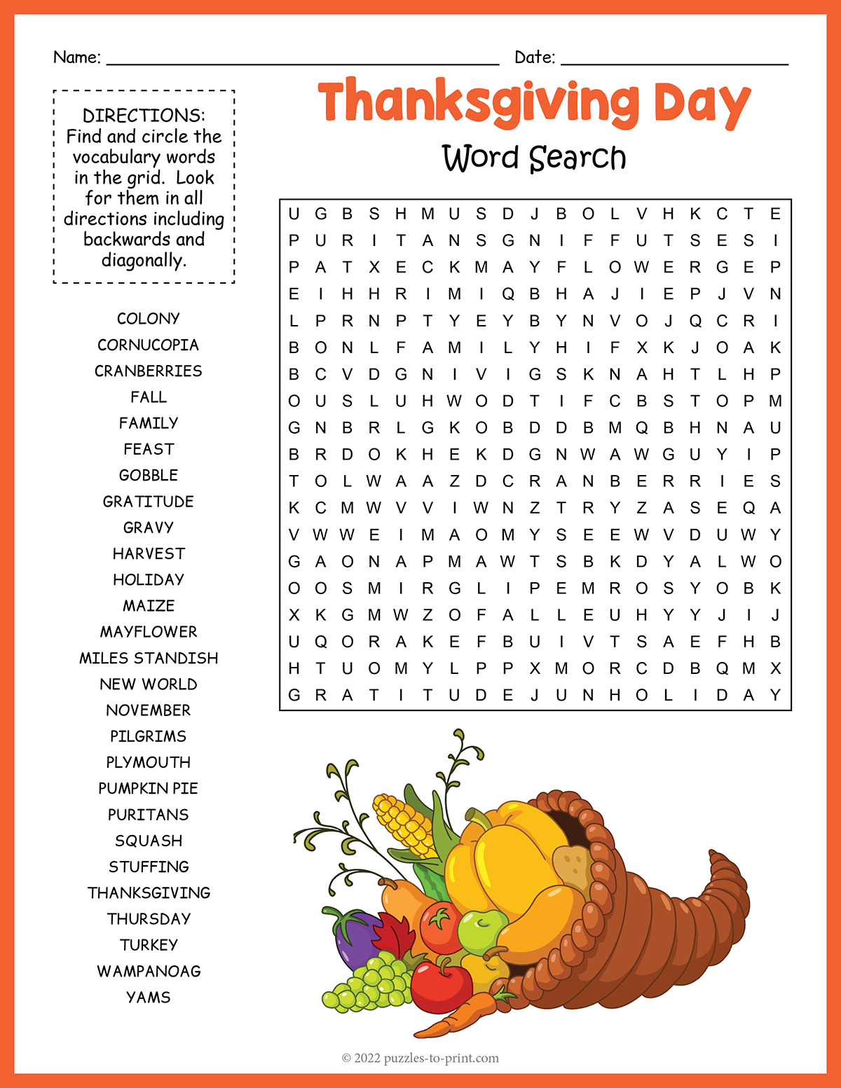 Thanksgiving Word Search in Thanksgiving Word Search Printable