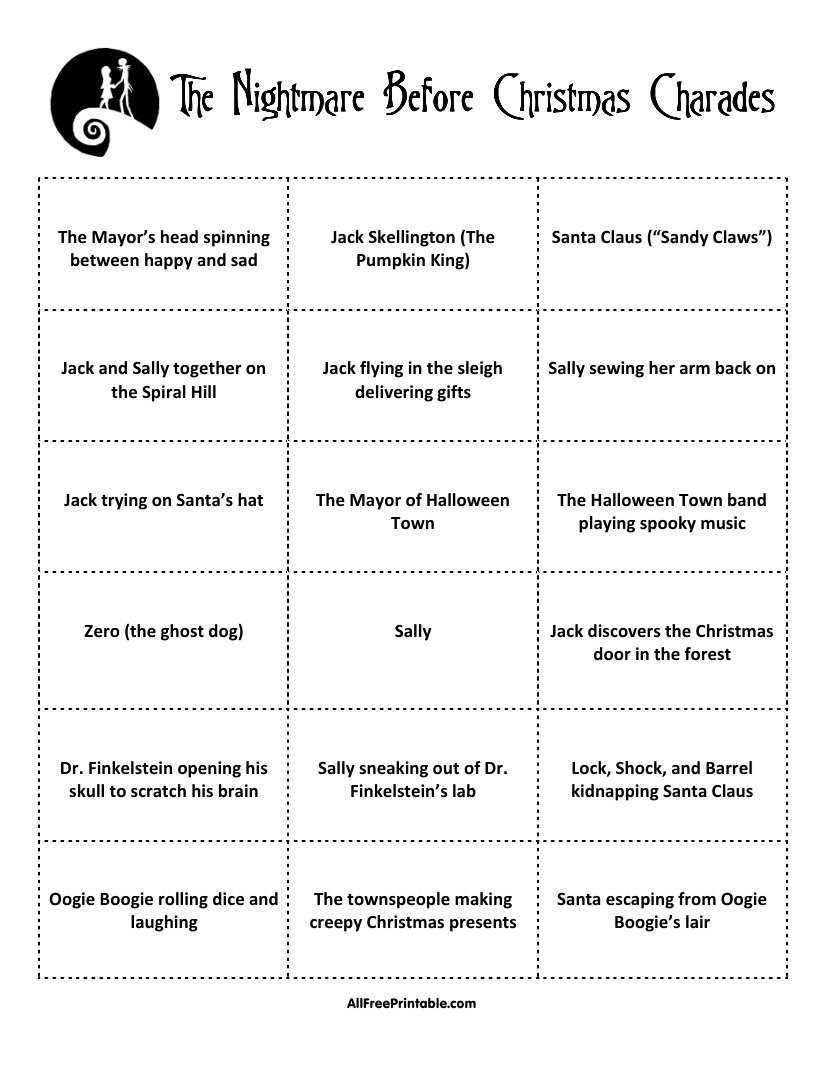 The Nightmare Before Christmas Charades Game – Free Printable for The Nightmare Before Christmas Charades Game Printable