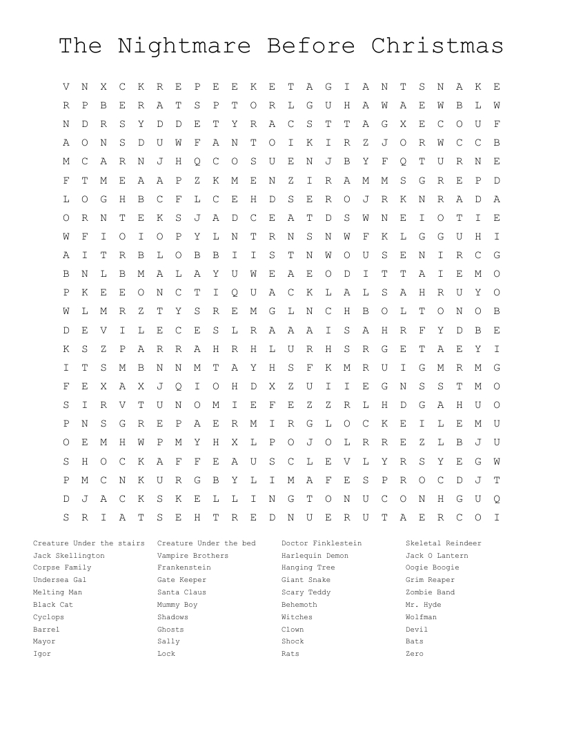 The Nightmare Before Christmas Crossword - Wordmint throughout Printable The Nightmare Before Christmas Crossword