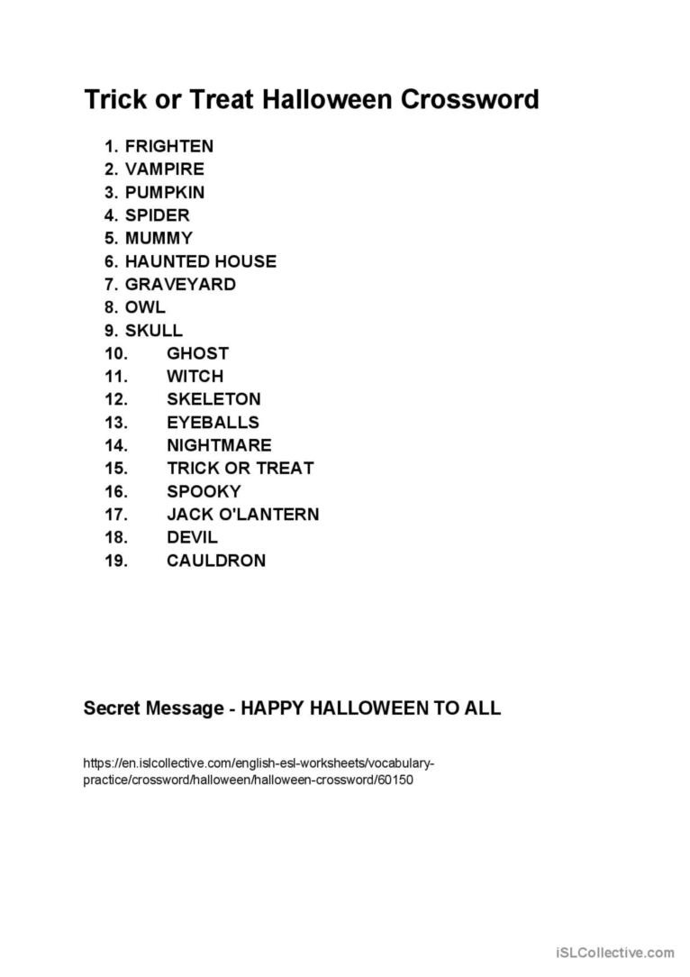 Trick Or Treat Halloween Crossword P…: English Esl Worksheets Pdf regarding Printable Trick Or Treat Halloween Crossword
