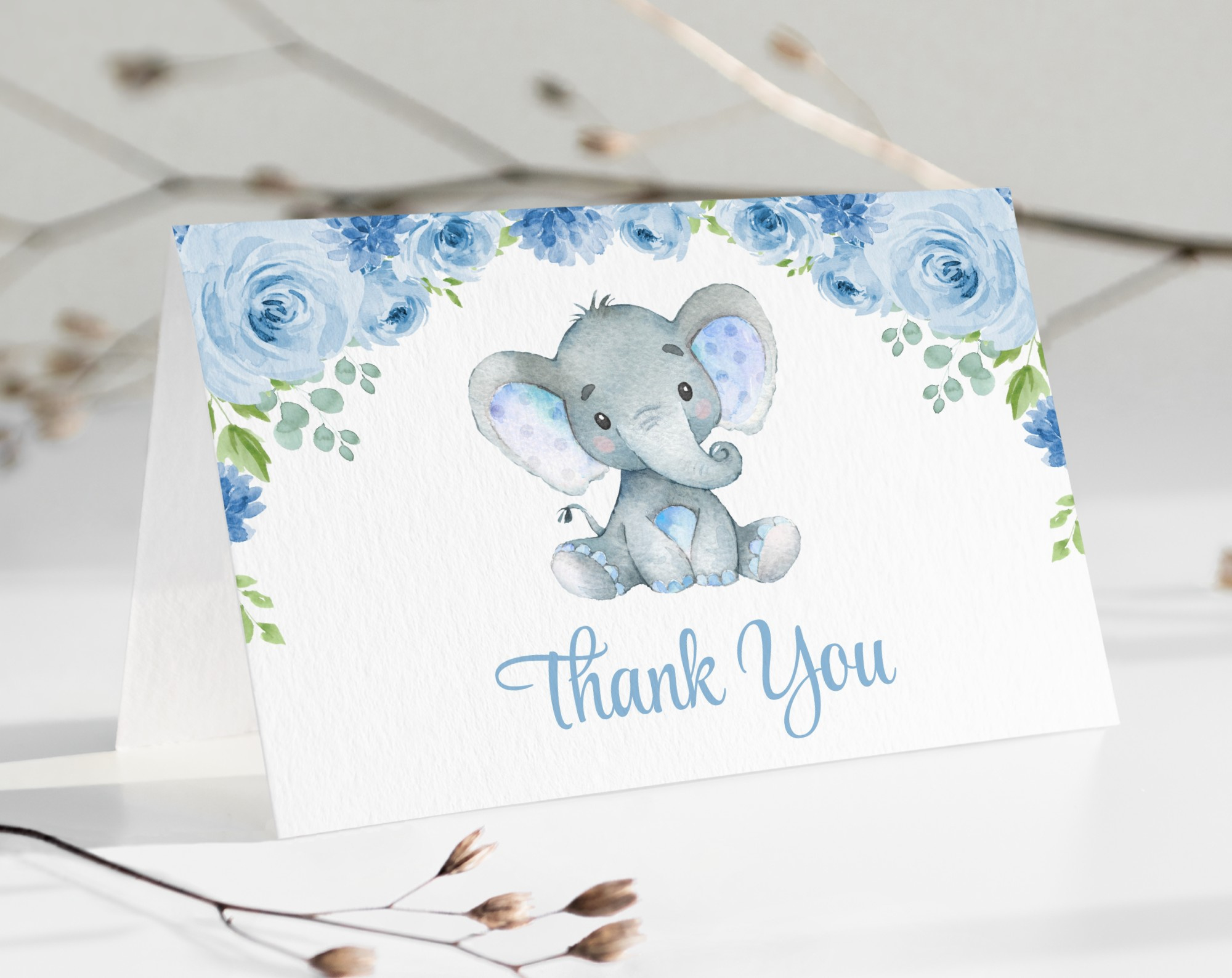 Baby Elephant Thank You Card, Boy Baby Shower, Printable File, Edit Yourself, Sh08 intended for Baby Boy Shower Thank You Cards Printable