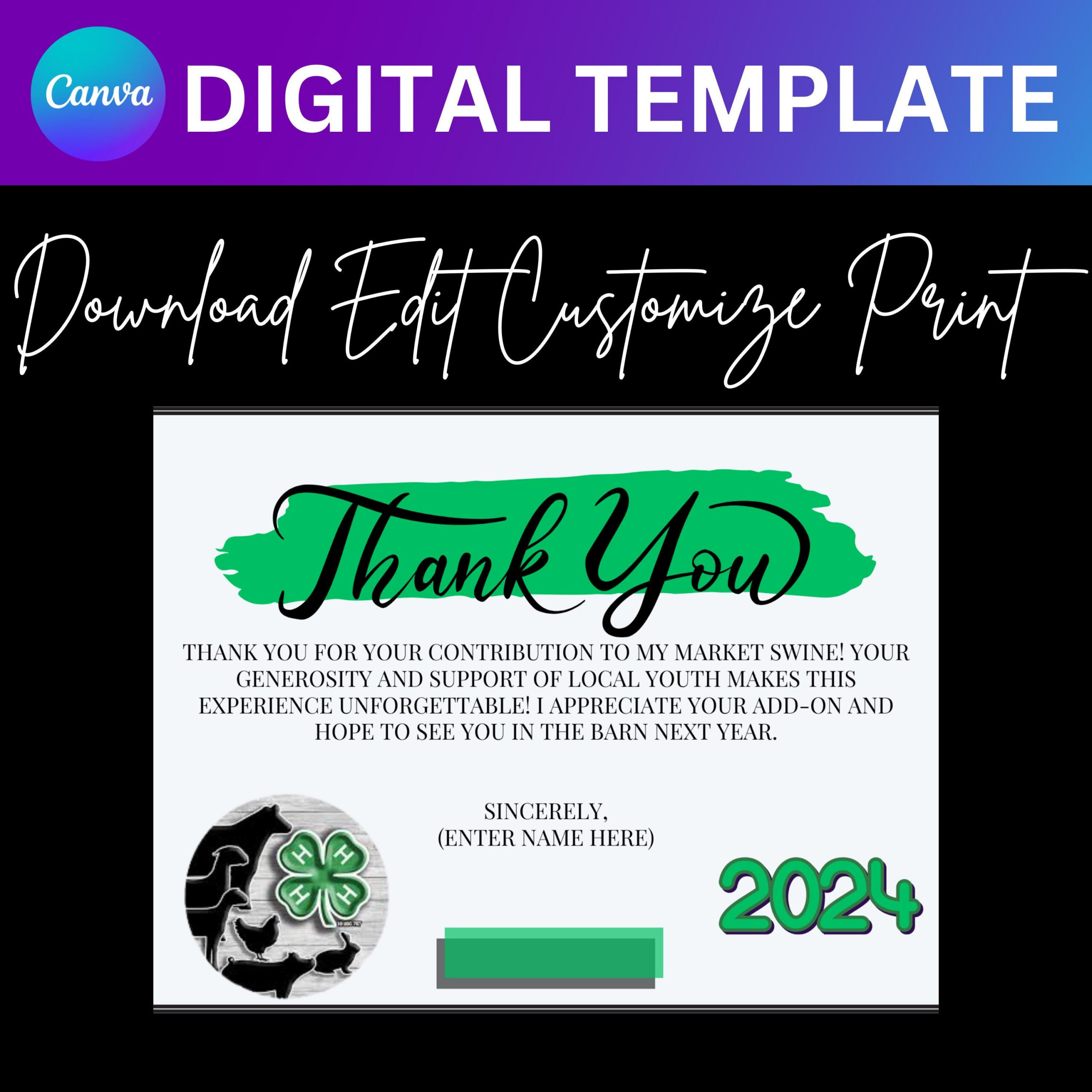 Canva Digital Template: 4-H Add-On Thank You Cards (Editable throughout 4H Thank You Cards Printable