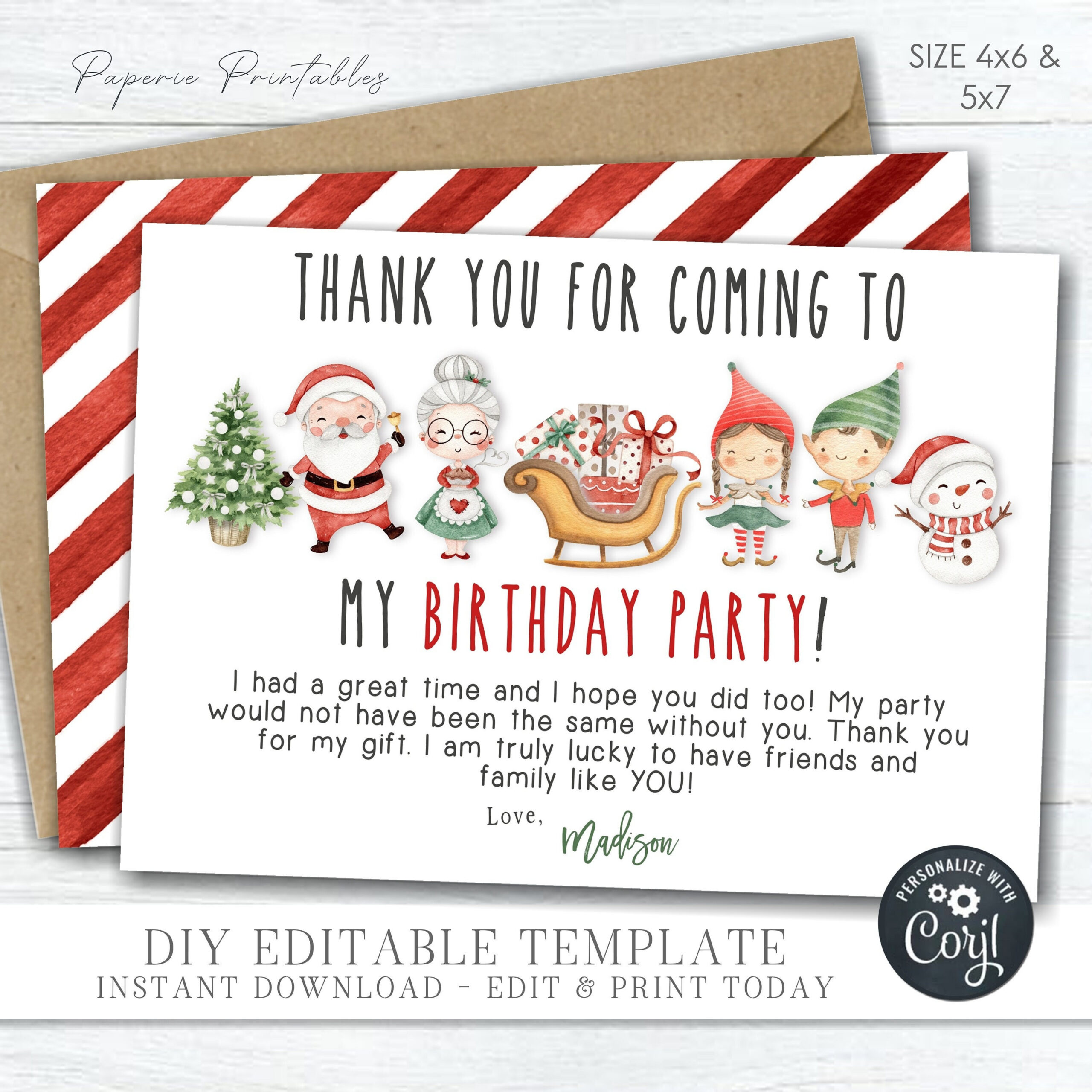 Christmas Birthday Thank You Card: Editable Diy Template (4X6 for Christmas Thank You Cards Printable