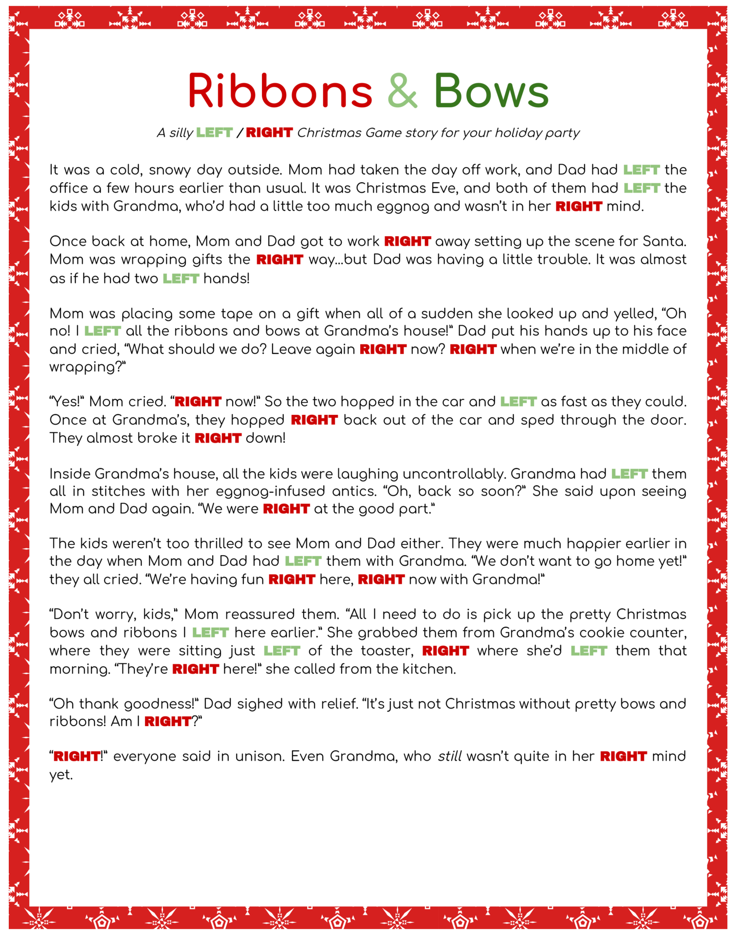 Christmas Left Right Story Printable regarding Left Right Christmas Game Printable For Kids