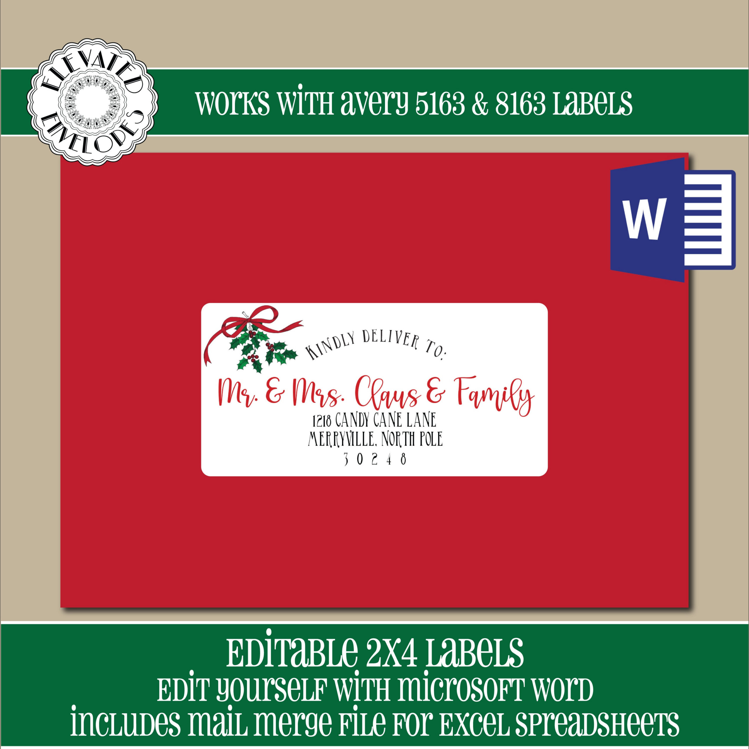 Editable Christmas Address Label Template,2X4 Address Label for Printable Christmas Card Address Labels