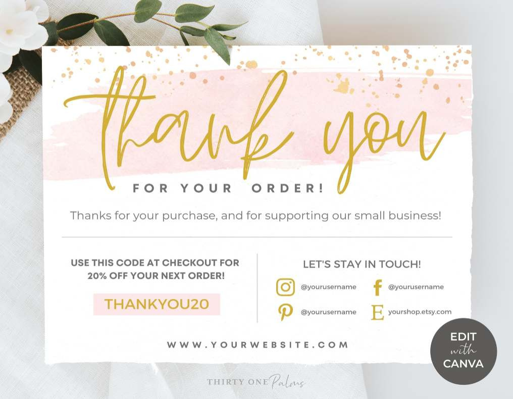 Editable Printable Thank You Card Template For Canva - Pink Watercolor with Printable Thank You Cards Editable