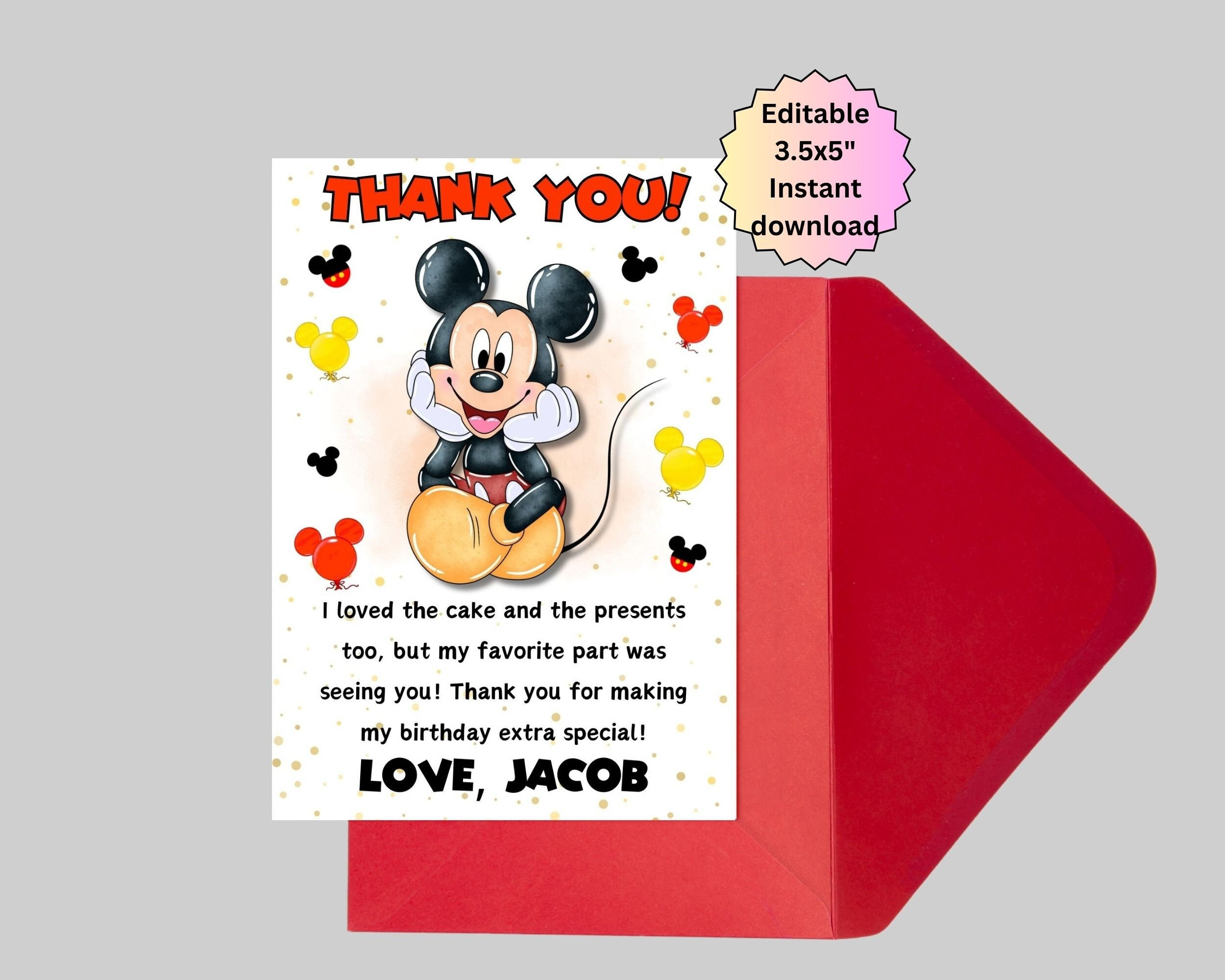 Editable Red Mickey Mouse Thank You Card, Thank You Cards, Thank intended for Mickey Mouse Thank You Cards Printable