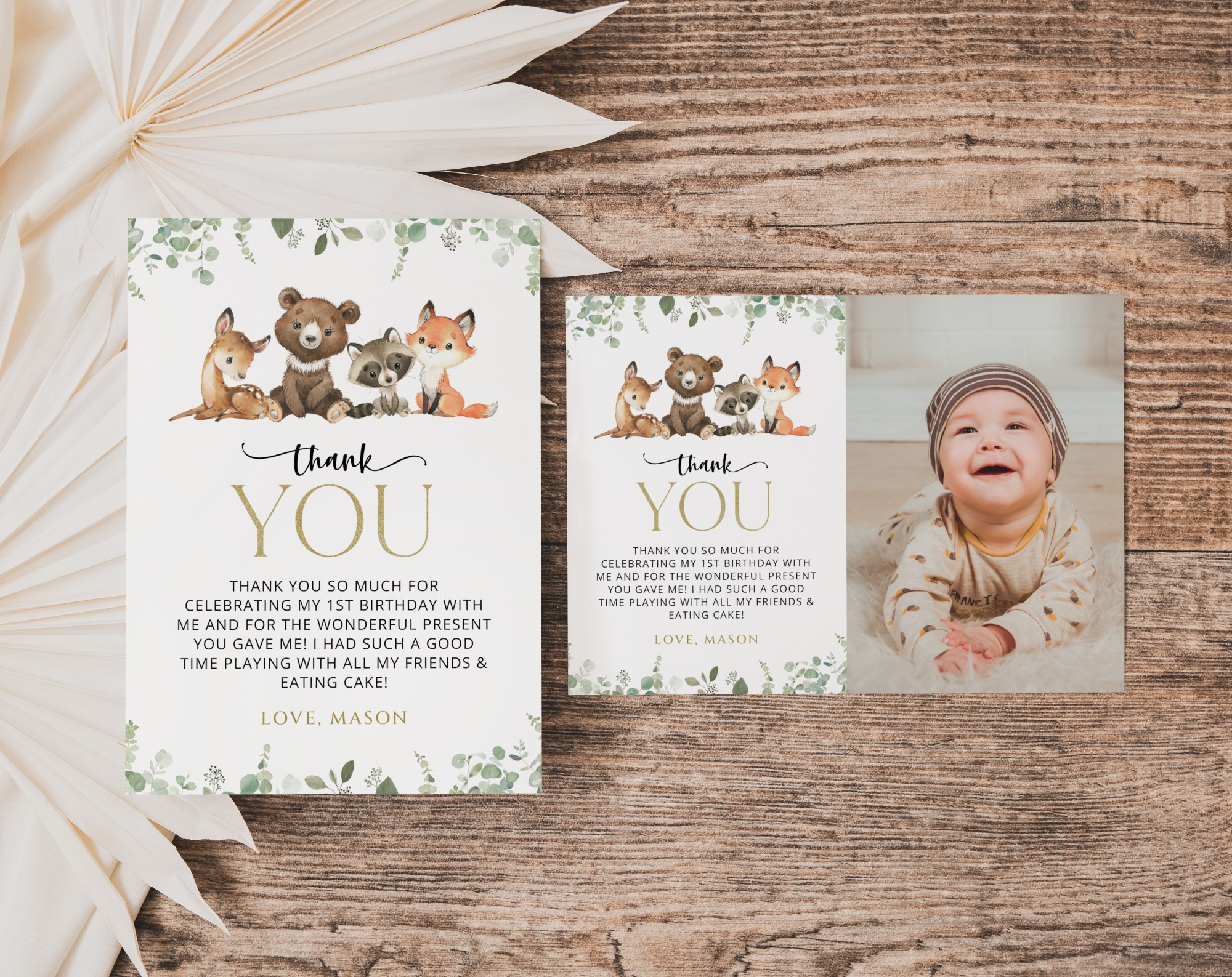 Forest Animals Thank You Card, First Birthday, Printable File, Edit  Yourself, Sh28 for First Birthday Thank You Cards Printable