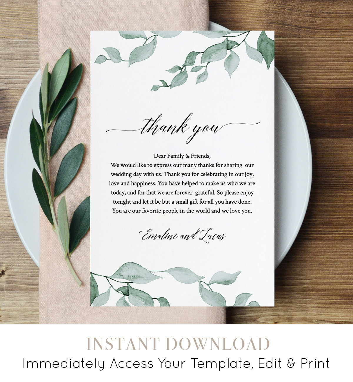 Greenery Wedding Thank You Card, Printable In Lieu Of Favor Card with regard to Wedding Thank You Cards Printable