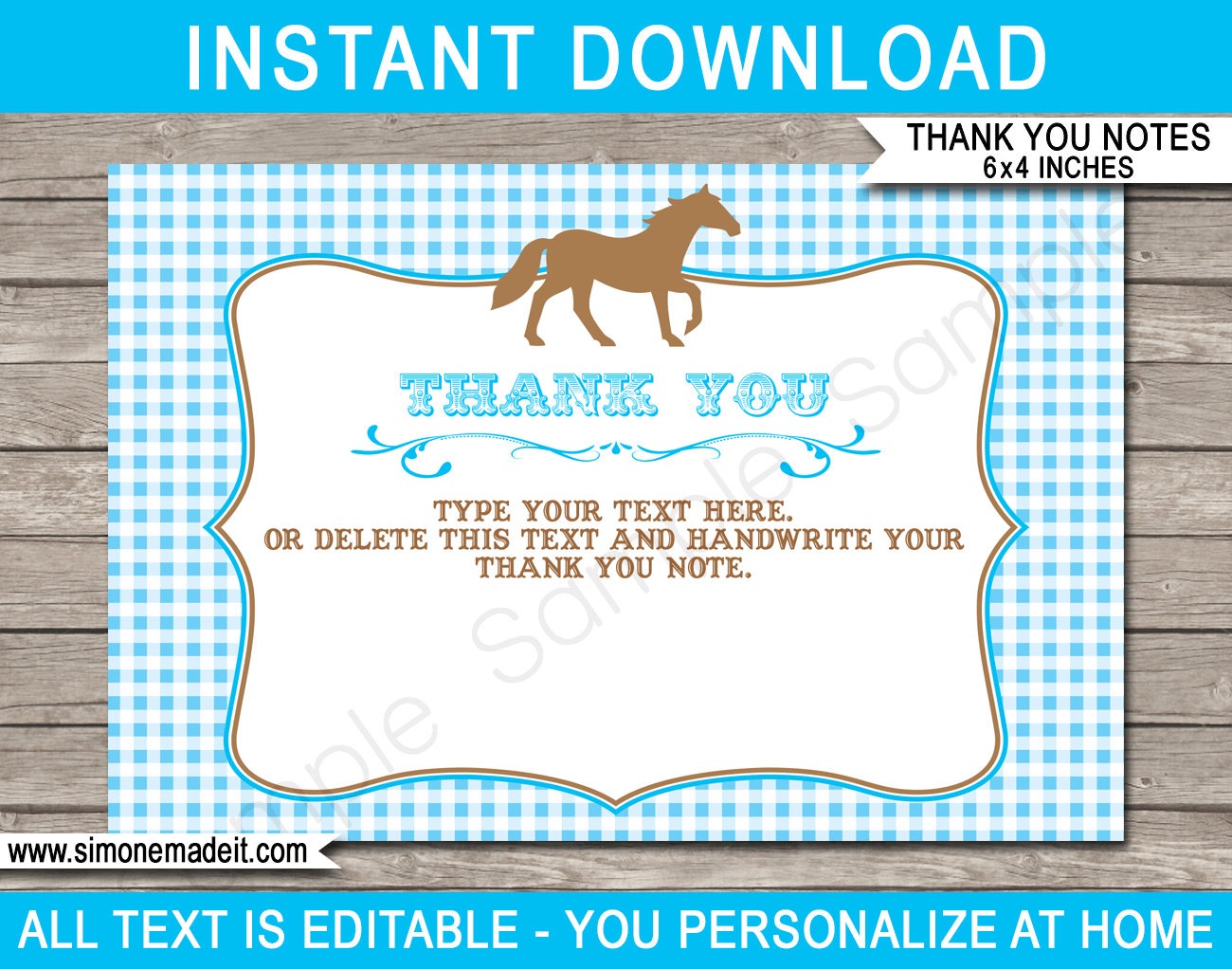 Horse Party Thank You Cards Template - Blue with regard to Horse Thank You Cards Printable