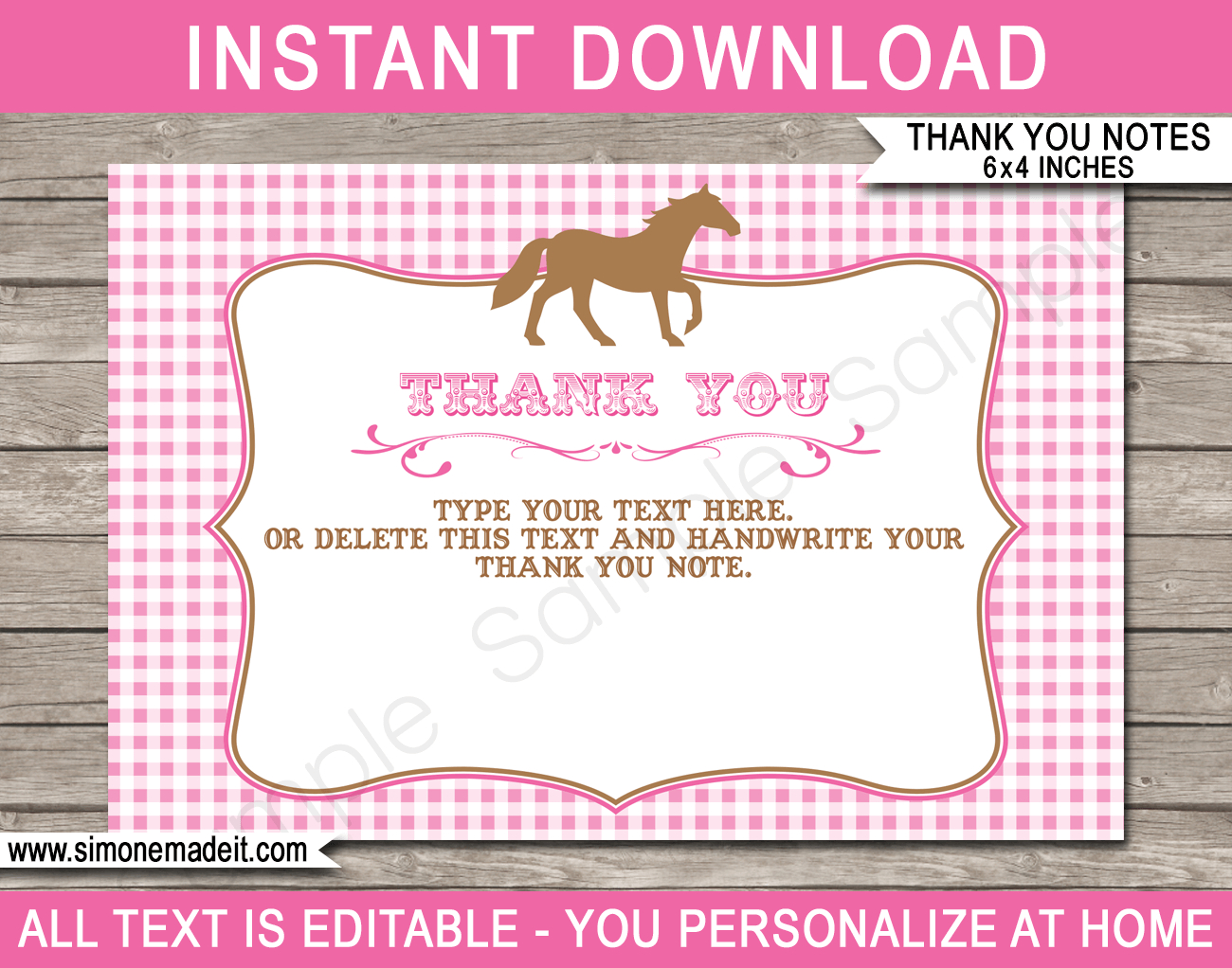 Horse Party Thank You Cards Template - Pink intended for Horse Thank You Cards Printable