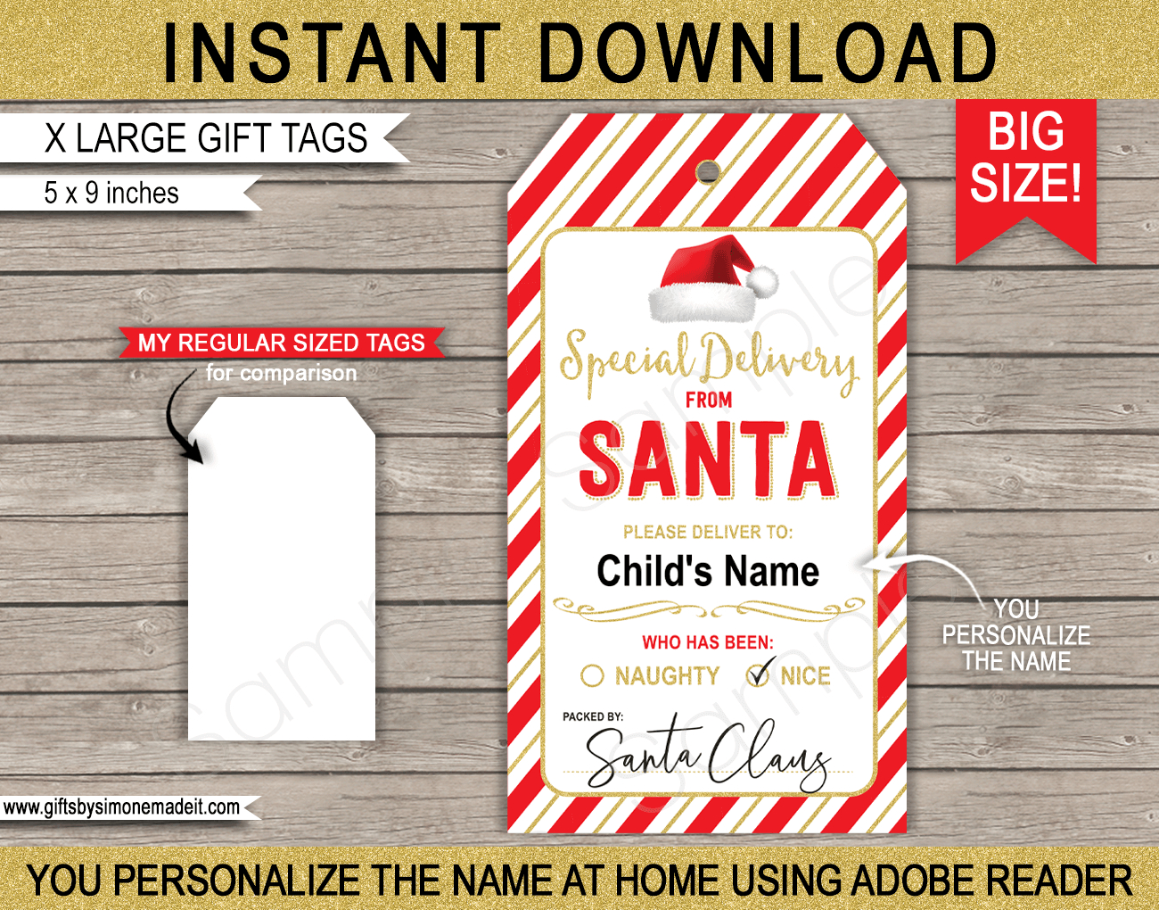 Large Santa Christmas Gift Tags - Red &amp;amp; Gold within Large Printable Christmas Name Tags