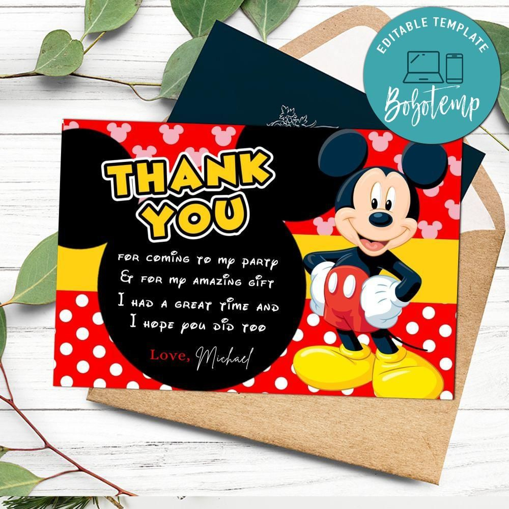 Mickey Mouse Thank You Card Customizable Template Diy | Bobotemp intended for Mickey Mouse Thank You Cards Printable