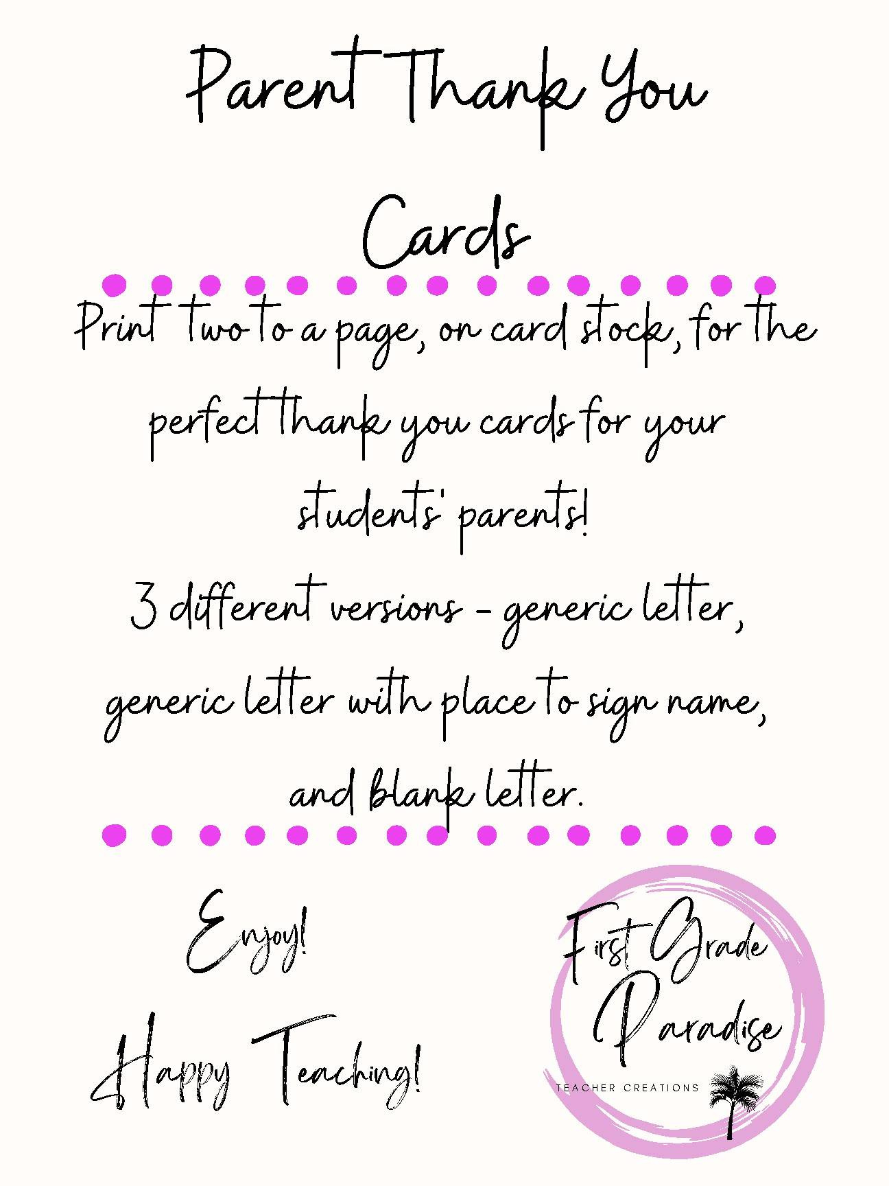 Parent Thank You Cardsfirst Grade Paradise-Teacher Creations intended for Thank You Cards Printable Tpt