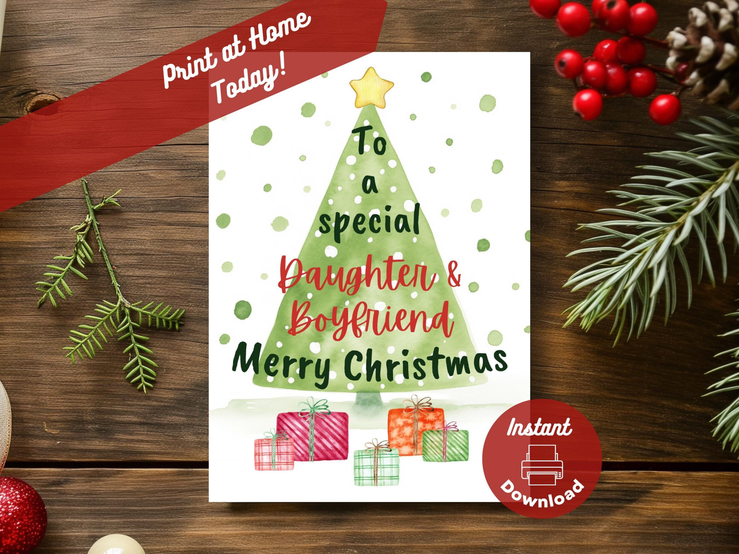 Printable Christmas Card For Daughter + Boyfriend, Instant Digital with Printable Christmas Card For Daughter