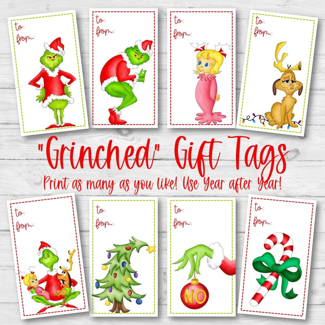 Printable Grinch Gift Tags, Grinch Christmas Gift Tags, 8 Designs for Printable Grinch Christmas Tags