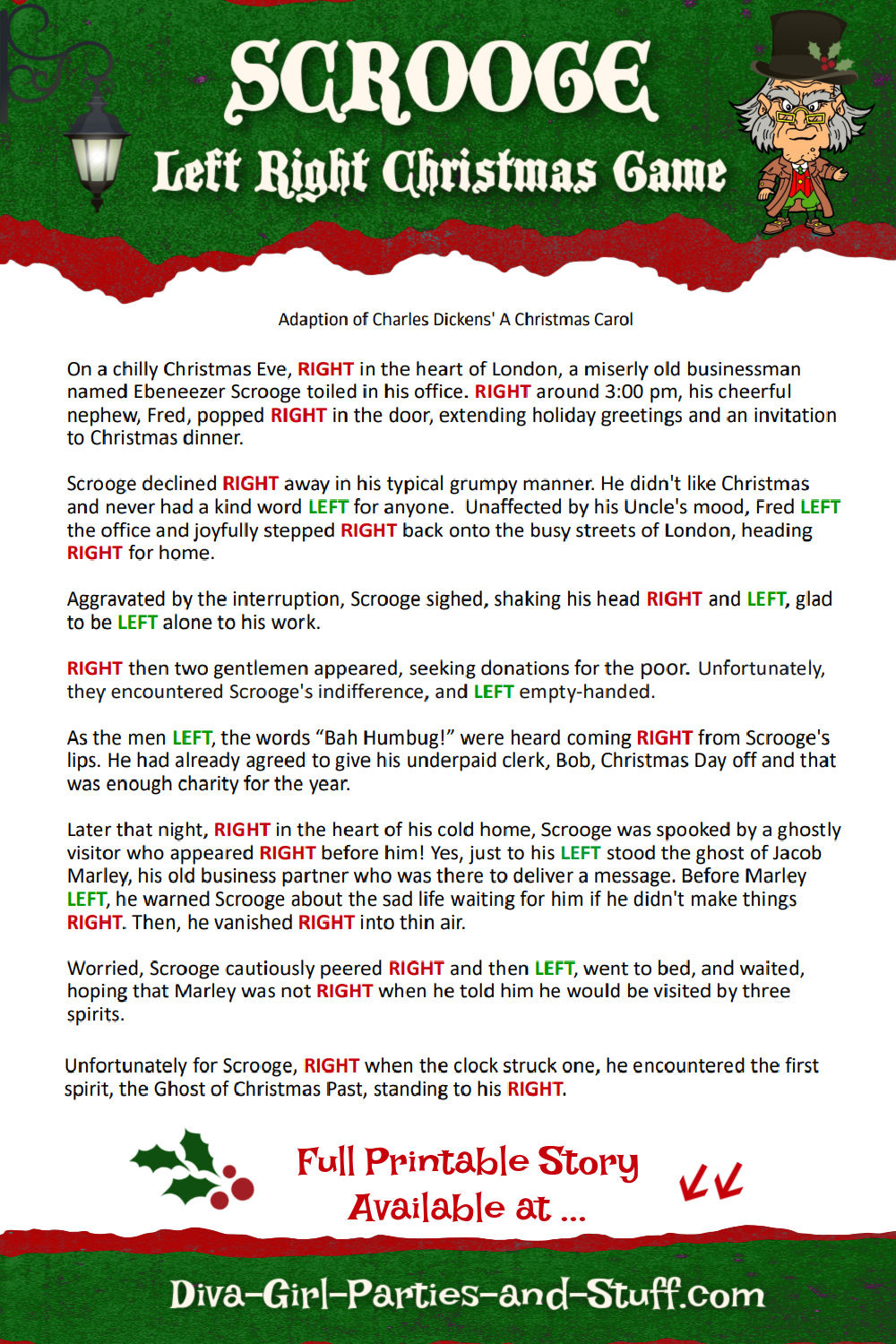 Printable Left Right Christmas Game Story Of Scrooge for Left and Right Christmas Game Printable