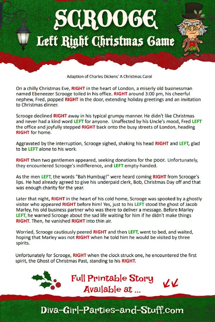 Printable Left Right Christmas Game Story Of Scrooge pertaining to Short Left Right Christmas Game Printable